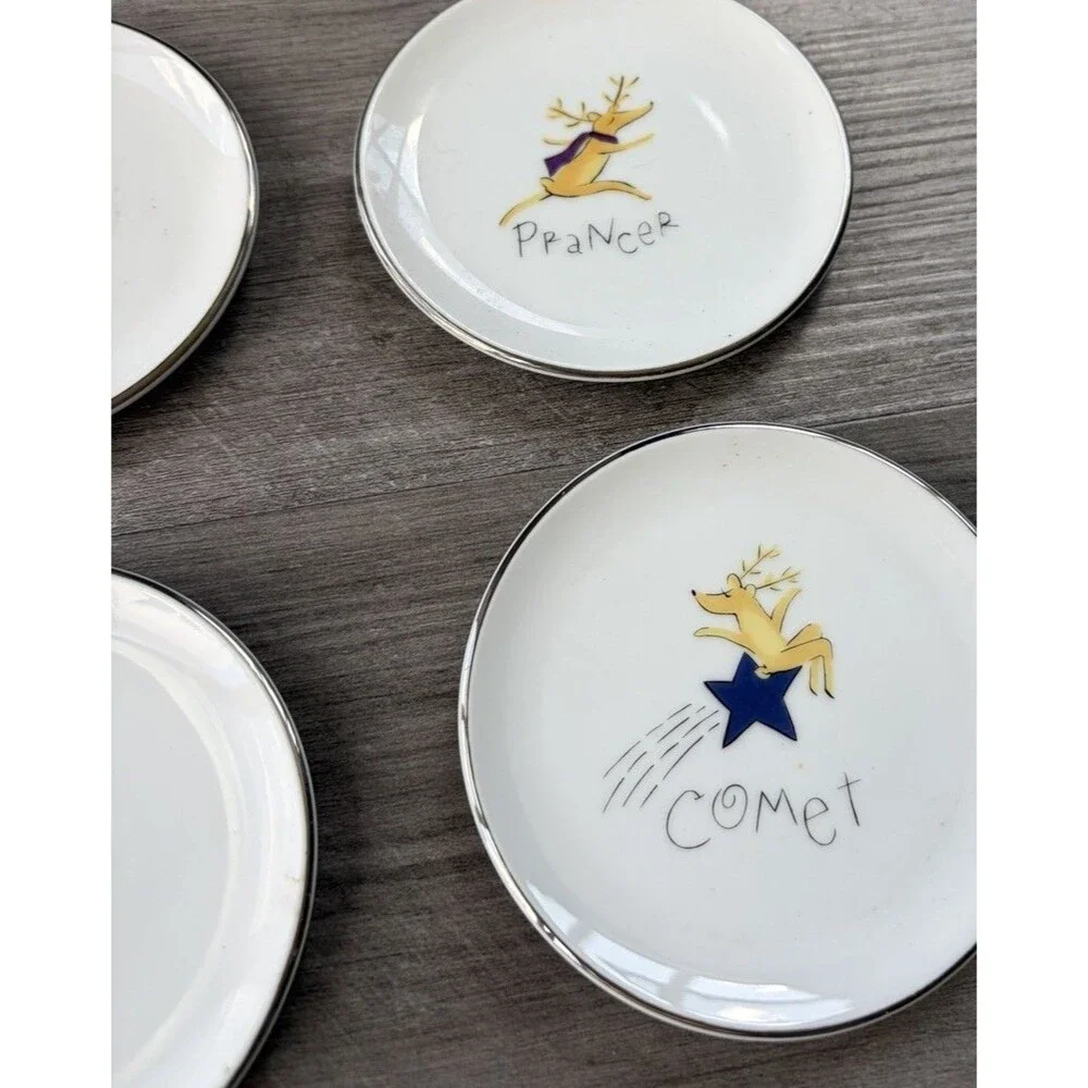 Pottery Barn Reindeer Coaster Plates Set of 6 Silver Rim Christmas Holiday 4”